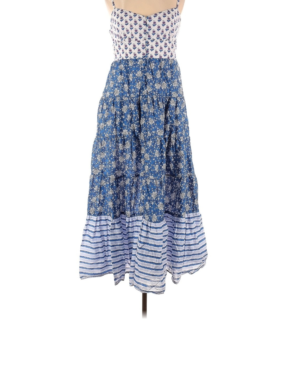 J. Crew Blue Floral Tiered Maxi Skirt with Striped Hem